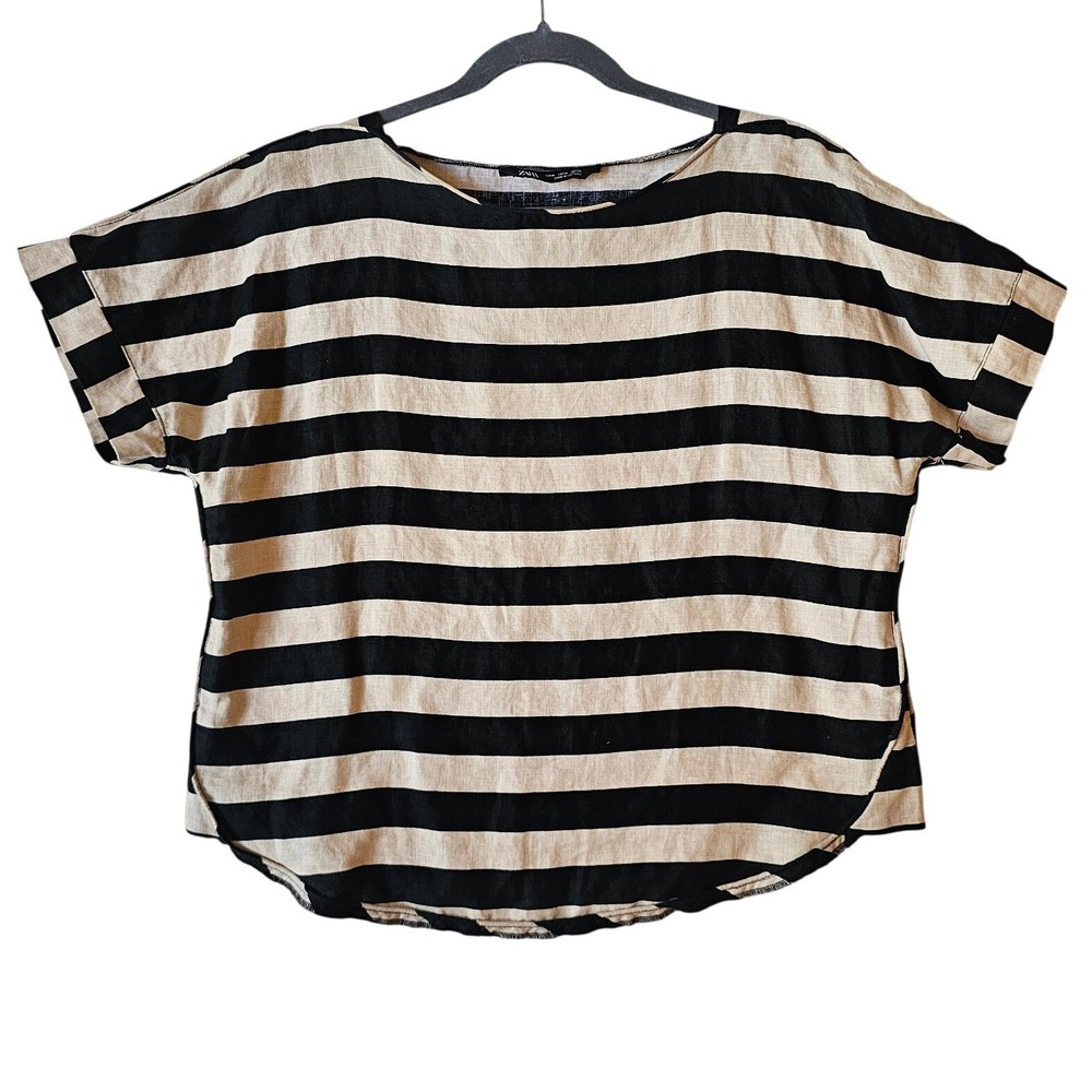ZARA Striped Linen Blend Short Sleeve‎ Top Medium Beige Black Casual Relaxed Fit